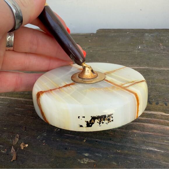 Shaeffer’s Fountain Pen Round Marble Stand Desk Set 14k Gold Nib White Dot Desk - Picture 3 of 8